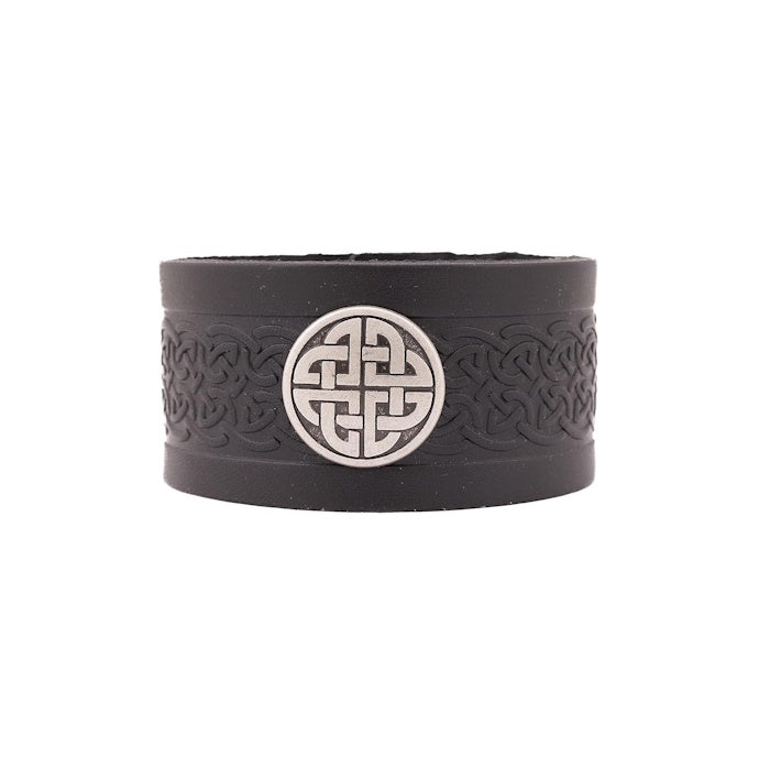 Genuine Leather Cuff Bracelet with Celtic Knot Medallion - Made in Ireland
