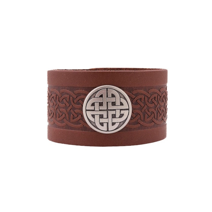 Genuine Leather Cuff Bracelet with Celtic Knot Medallion - Made in Ireland