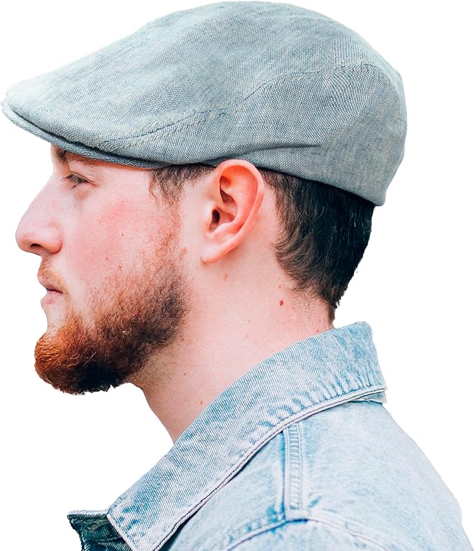 Irish Linen Newsboy Flat Cap - Blue, Slim-Fit Hat