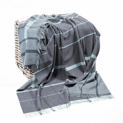 100% Merino Wool Super Soft Throw Blanket, 78" x 60" Blue/Grey Plaid Tartan, Made in Ireland