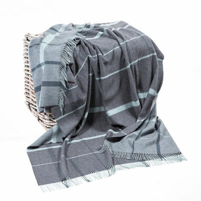 100% Merino Wool Super Soft Throw Blanket, 78" x 60" Blue/Grey Plaid Tartan, Made in Ireland
