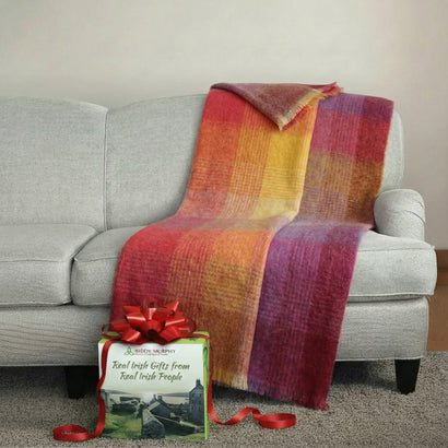 Irish Mohair Throw Blanket – Pink/Yellow/Purple Tartan Plaid, 70% Mohair Wool Blend (54" x 72"), Made in Ireland