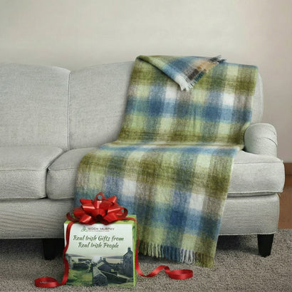 Irish Mohair Throw Blanket – Cream/Pale Blue/Green/Gray Tartan Plaid, 70% Mohair Wool Blend (54" x 72"), Made in Ireland