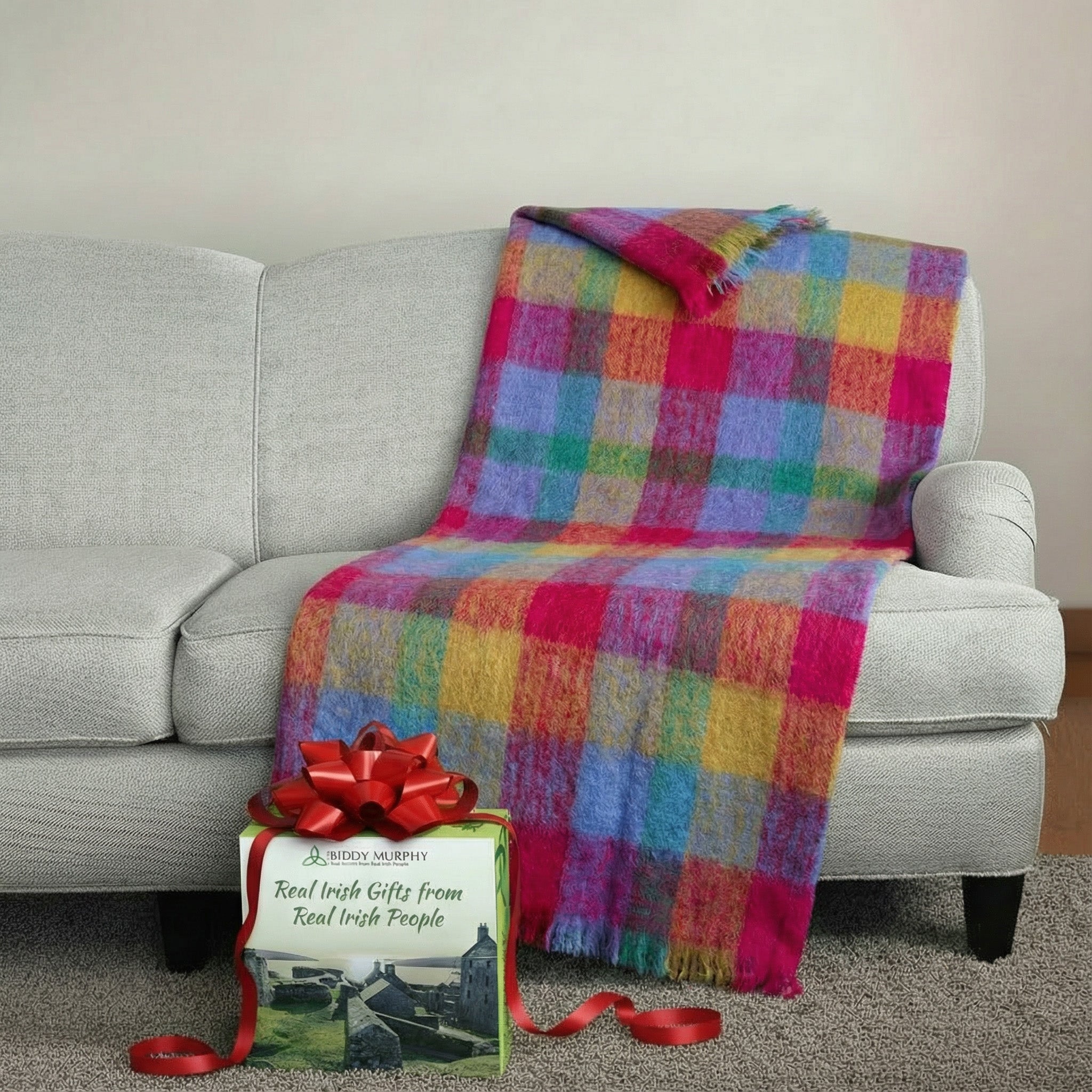 Irish Mohair Throw Blanket – Pink/Mustard/Purple/Aqua Tartan Plaid, 70% Mohair Wool Blend (54" x 72"), Made in Ireland