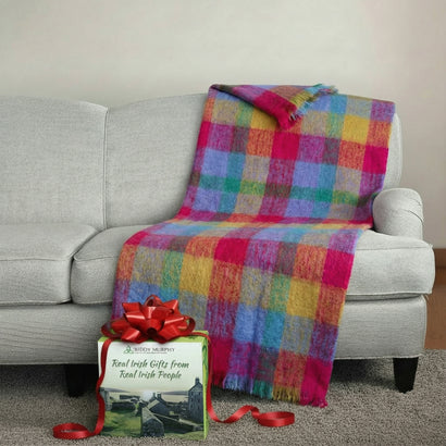 Irish Mohair Throw Blanket – Pink/Mustard/Purple/Aqua Tartan Plaid, 70% Mohair Wool Blend (54" x 72"), Made in Ireland