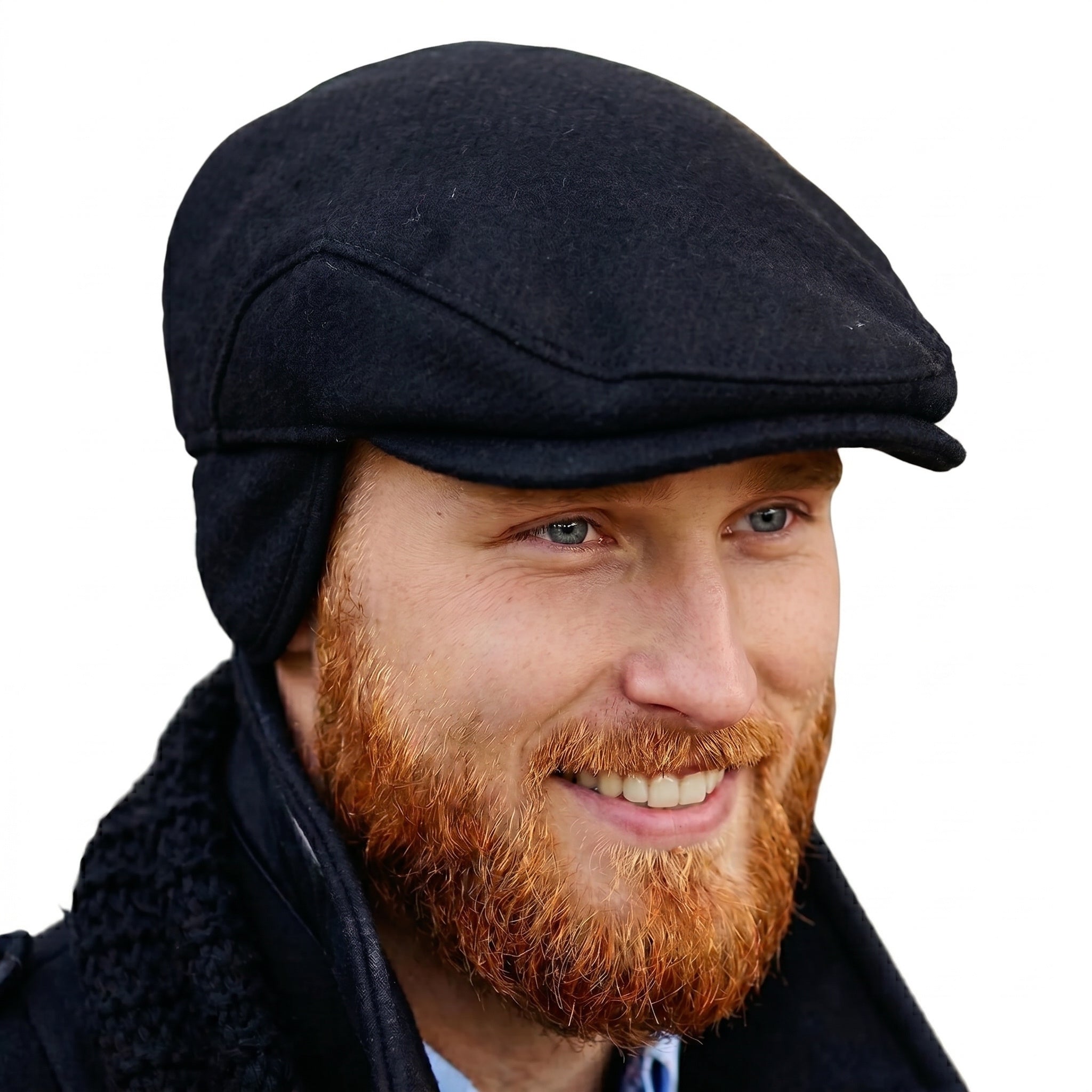 Irish 100% Wool Flat Cap with Tuck Away Ear Flaps - Black