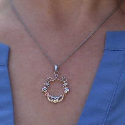 Irish Symbols Sterling Silver Necklace: Heart, Shamrocks & Claddagh