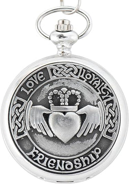 Pocket Watch for Men - Irish Claddagh Pewter Cover, Classic Mechanical Wind-Up with Chain, & Stainless Steel Case