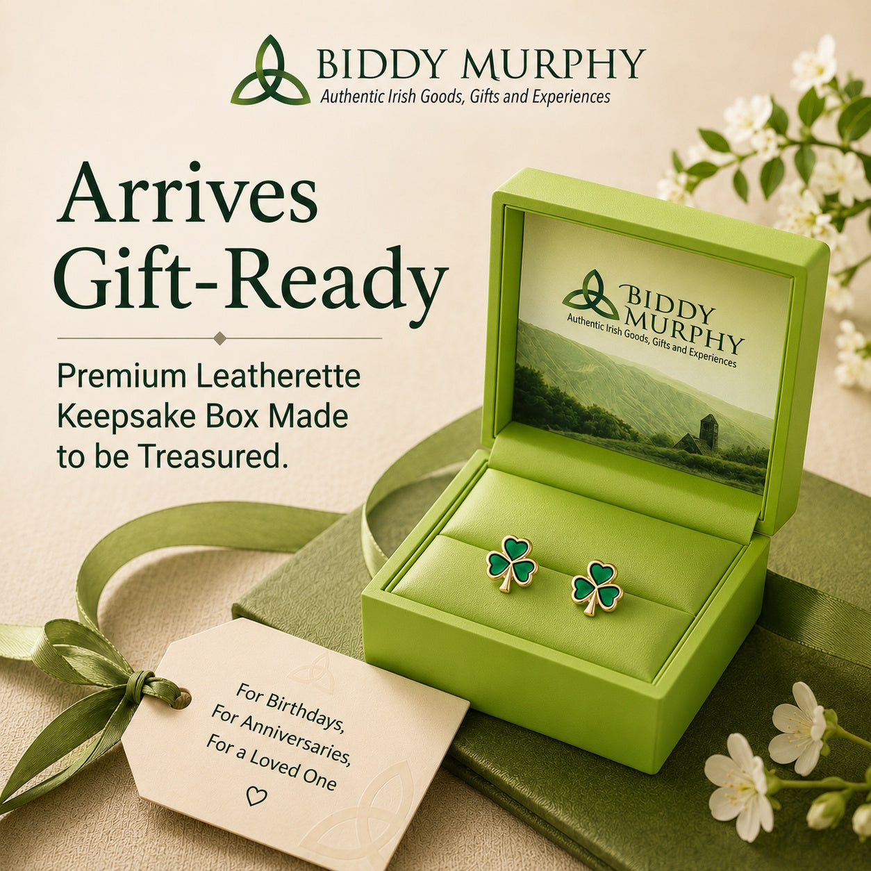 Irish Gold-Plated Green Enamel Shamrock Stud Earrings