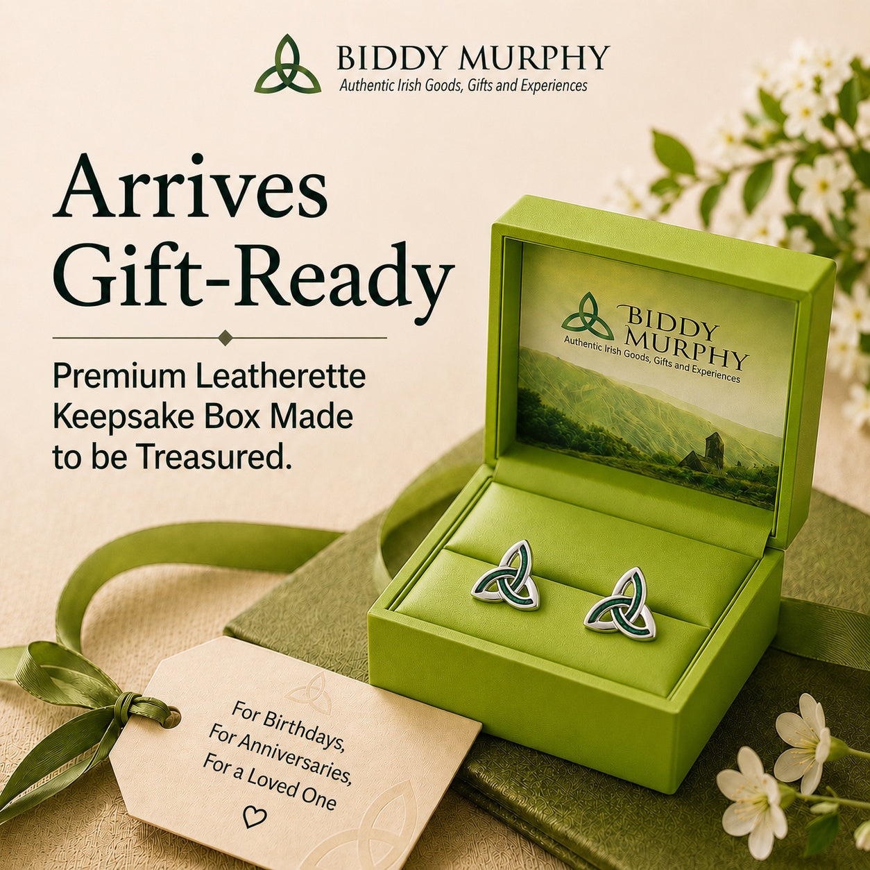 Irish Rhodium-Plated Green Enamel Trinity Knot Stud Earrings