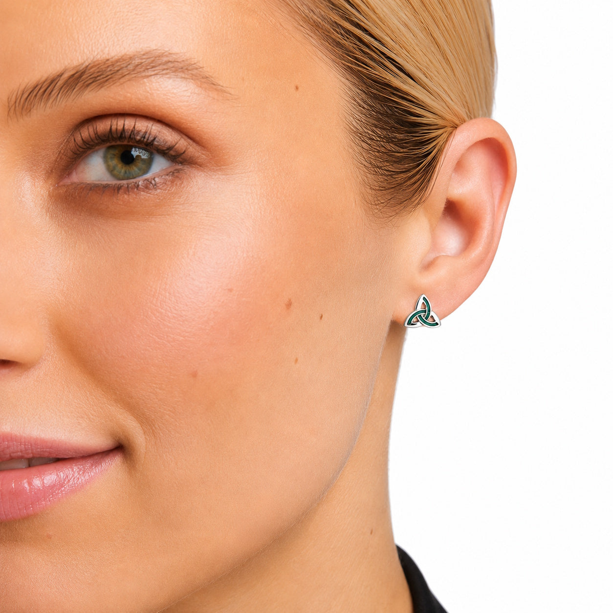 Irish Rhodium-Plated Green Enamel Trinity Knot Stud Earrings