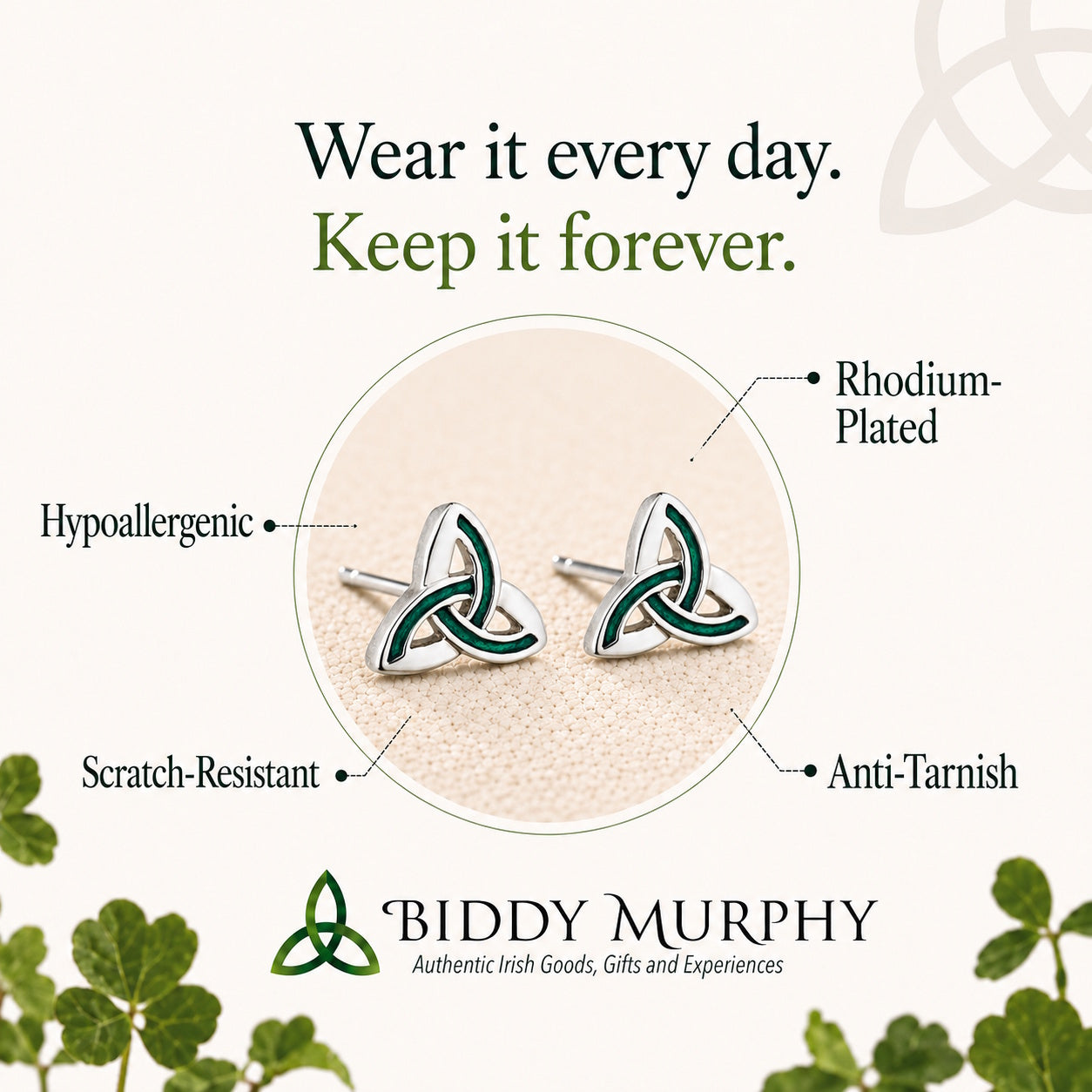Irish Rhodium-Plated Green Enamel Trinity Knot Stud Earrings