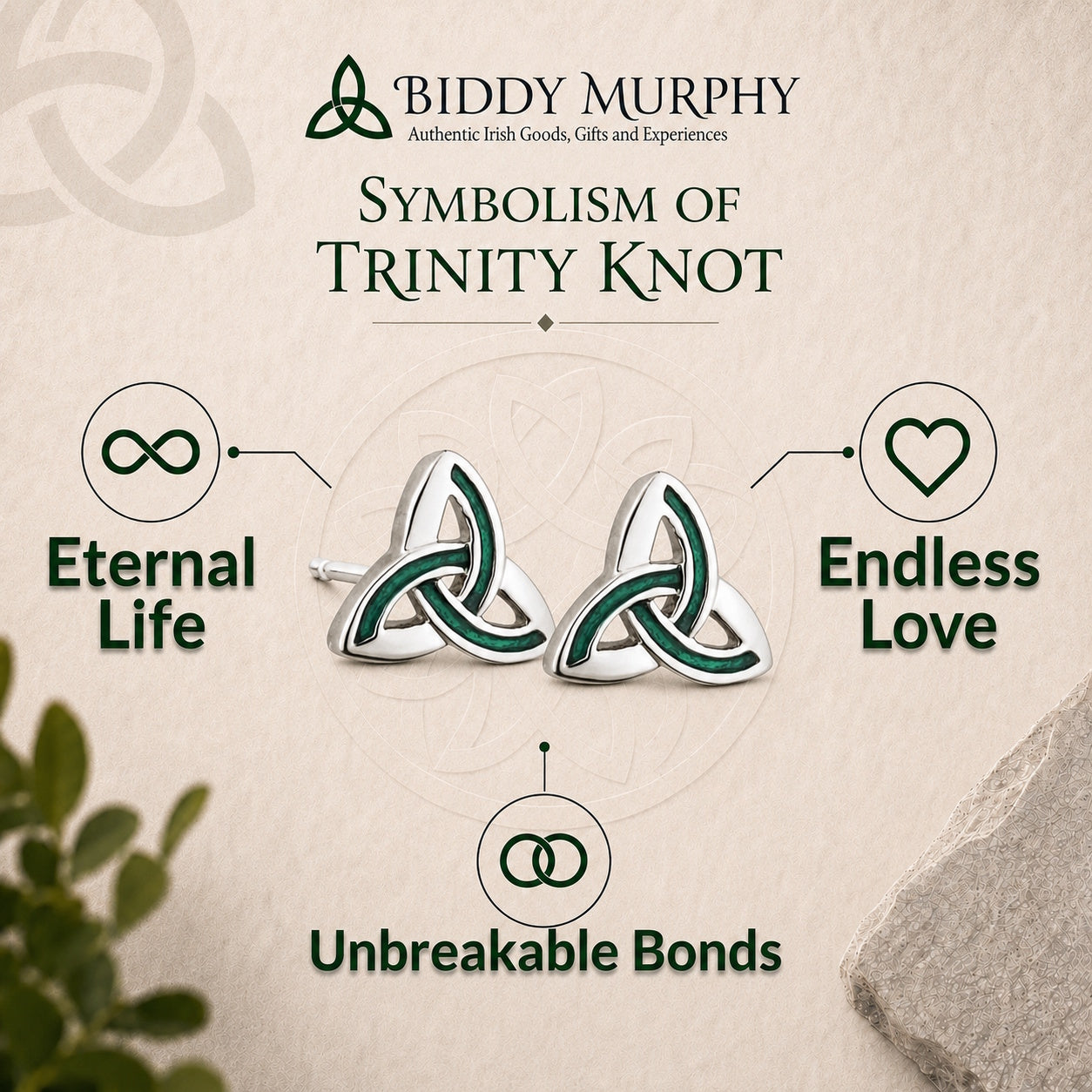 Irish Rhodium-Plated Green Enamel Trinity Knot Stud Earrings
