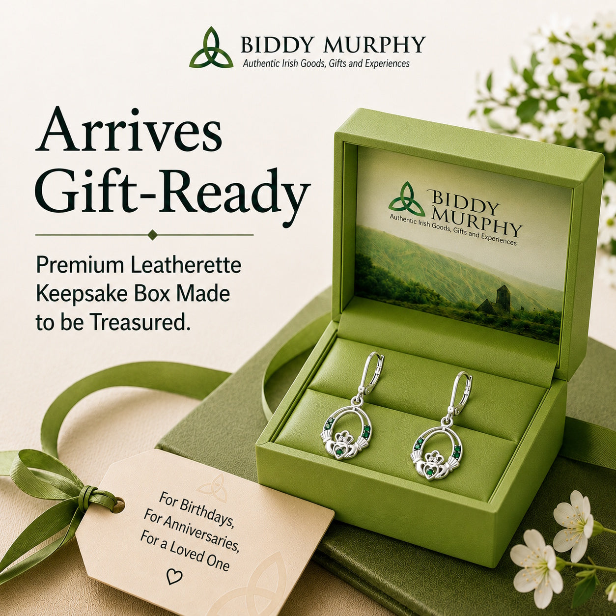 Irish Rhodium-Plated Emerald Crystal Claddagh Drop Earrings