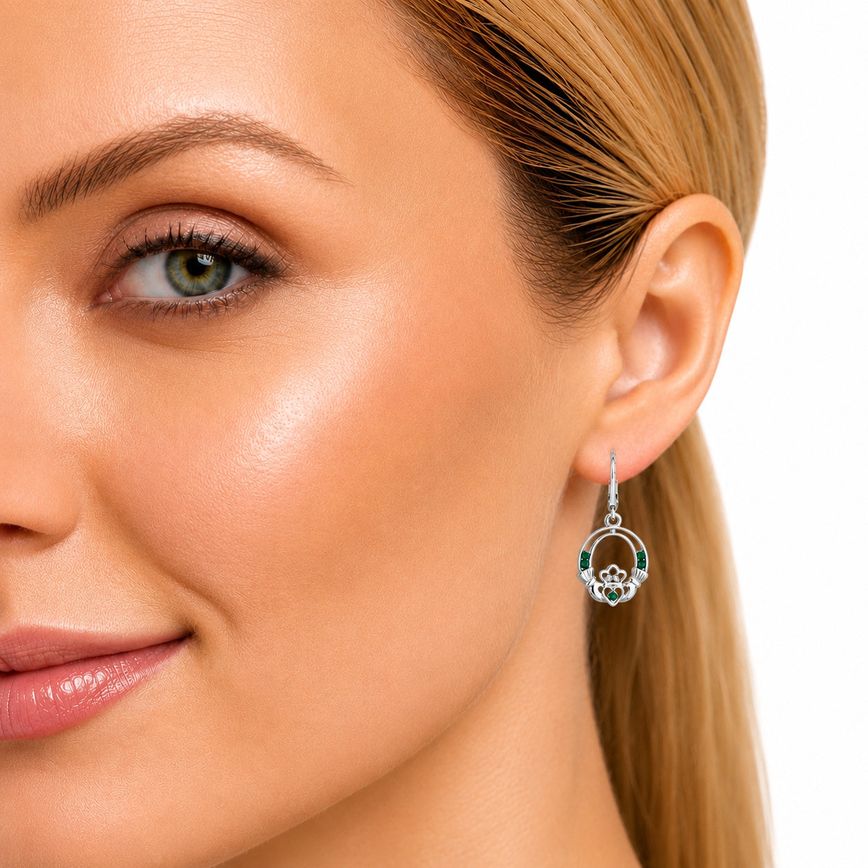 Irish Rhodium-Plated Emerald Crystal Claddagh Drop Earrings