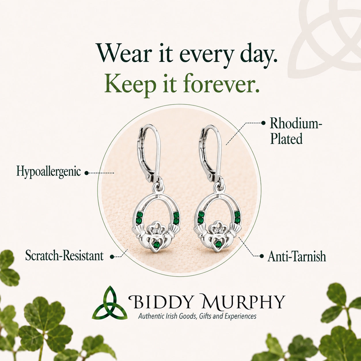 Irish Rhodium-Plated Emerald Crystal Claddagh Drop Earrings