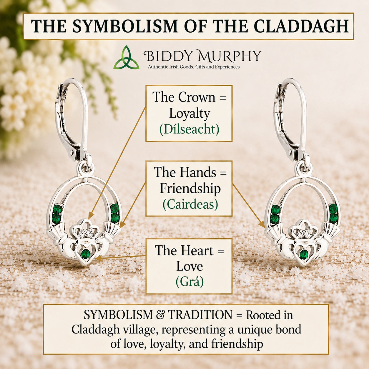 Irish Rhodium-Plated Emerald Crystal Claddagh Drop Earrings