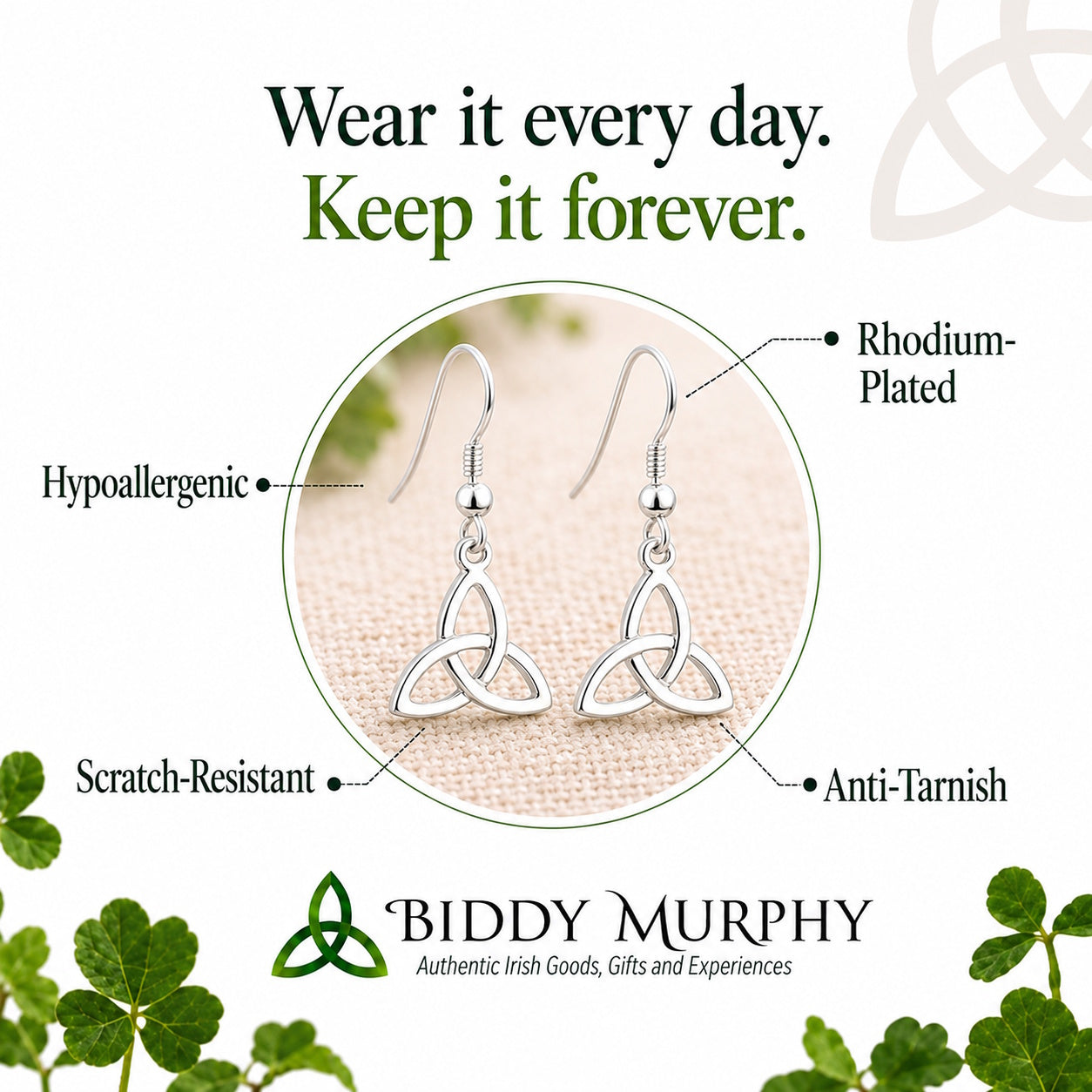 Irish Rhodium-Plated Trinity Knot Dangle Earrings