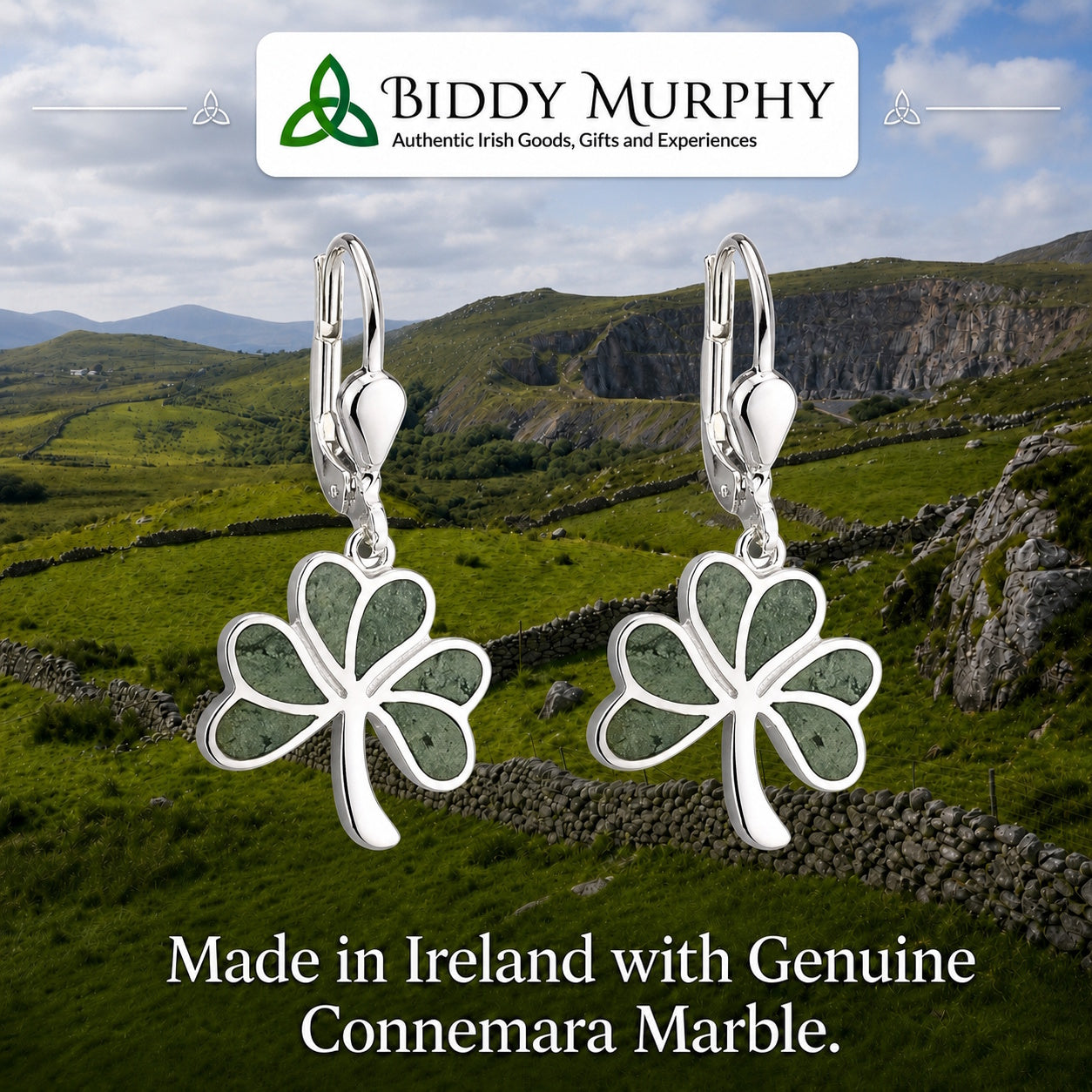 Irish Sterling Silver Connemara Marble Shamrock Earrings