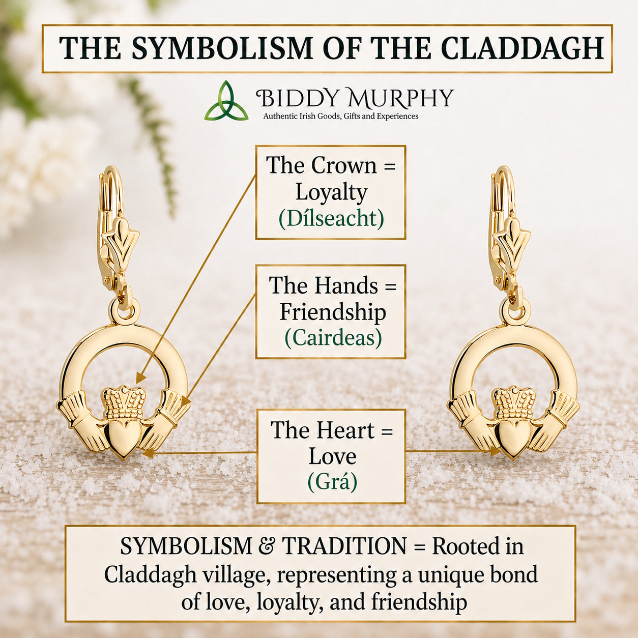 Irish 14K Gold Claddagh Dangle Earrings