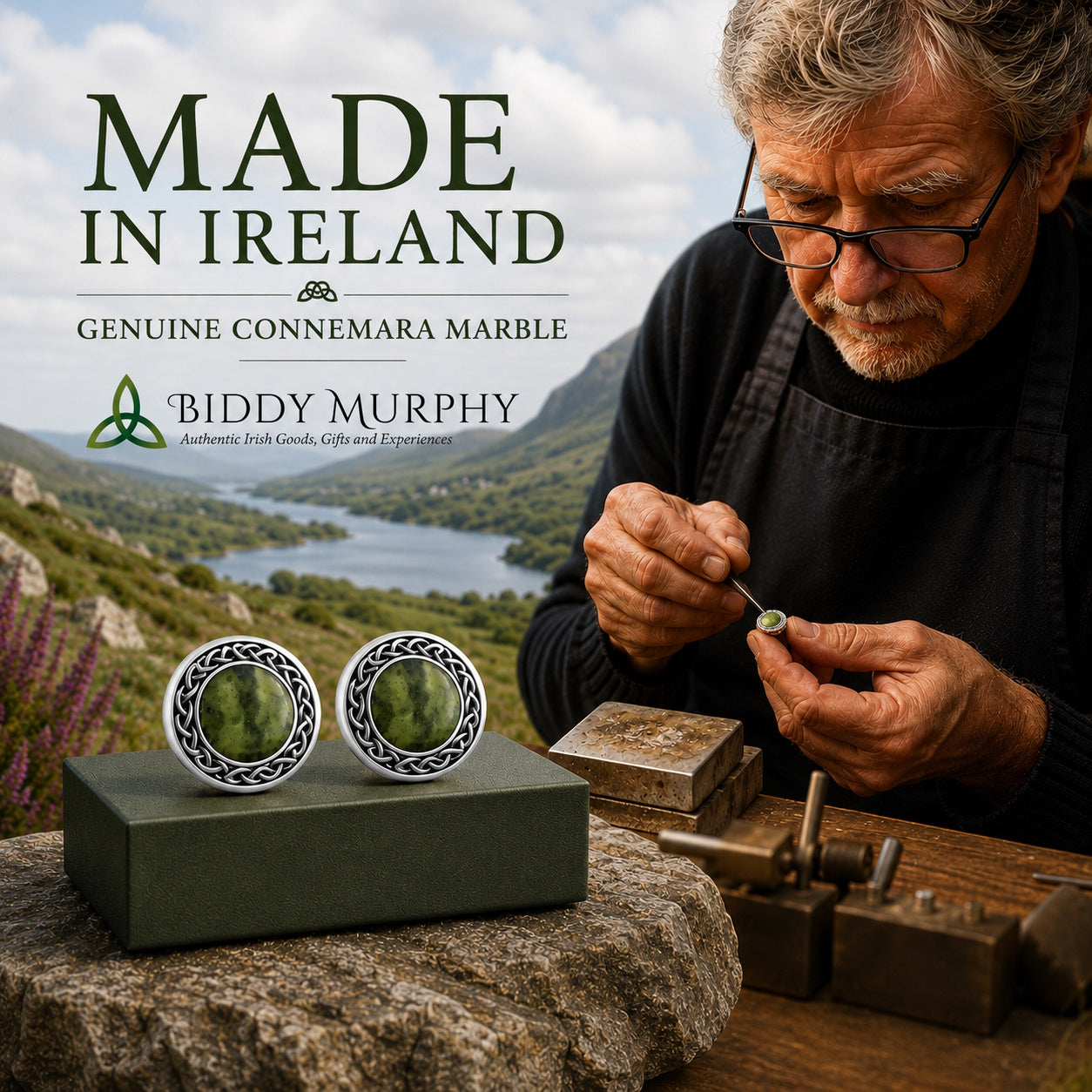 Irish Sterling Silver Connemara Marble Round Stud Earrings