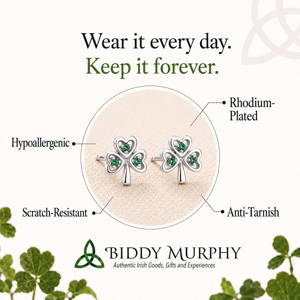 Irish Sterling Silver Green Crystal Shamrock Stud Earrings