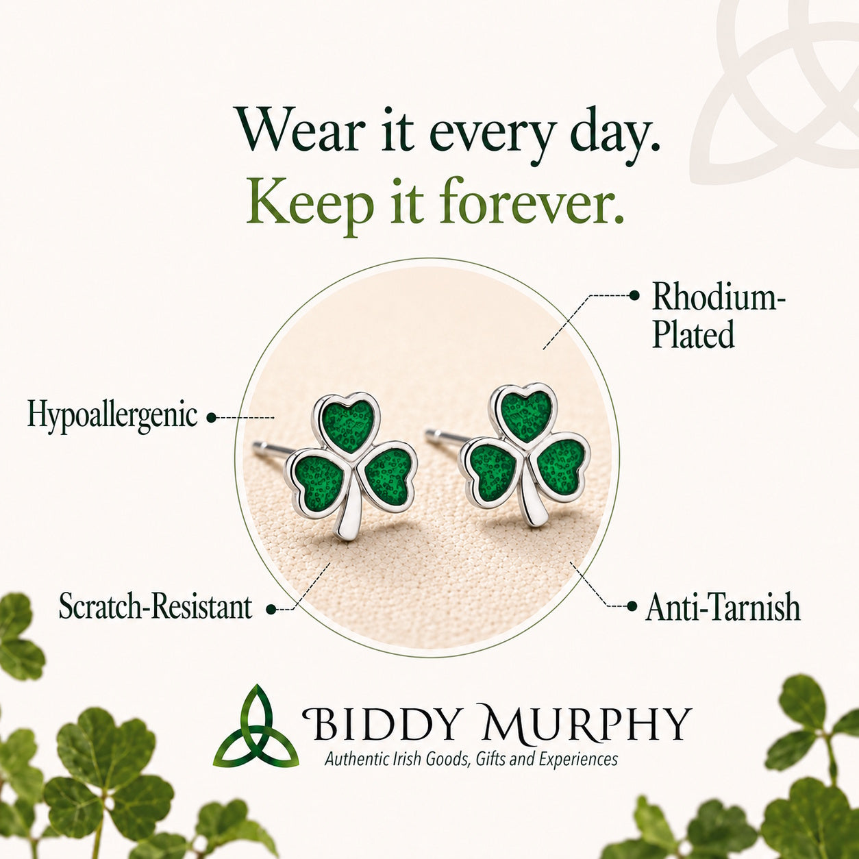 Irish Sterling Silver Green Enamel Shamrock Stud Earrings