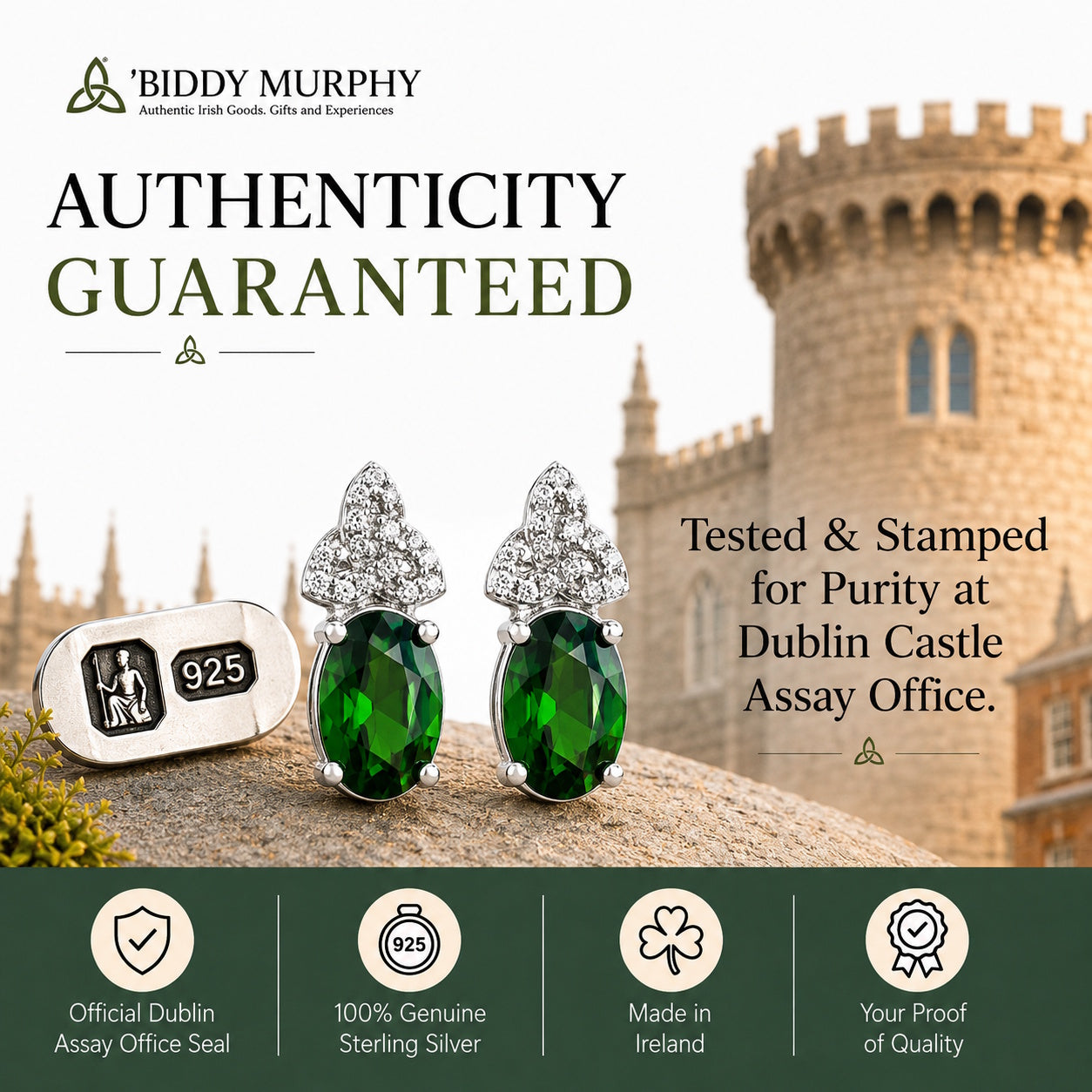 Irish Sterling Silver Emerald CZ Trinity Knot Earrings