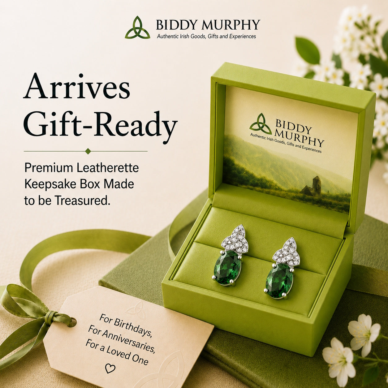 Irish Sterling Silver Emerald CZ Trinity Knot Earrings