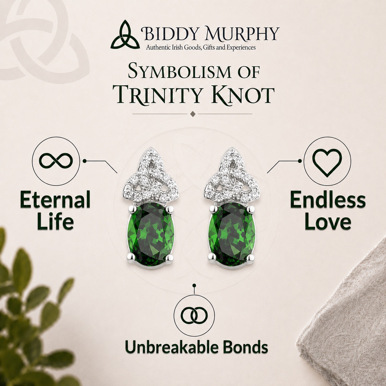 Irish Sterling Silver Emerald CZ Trinity Knot Earrings