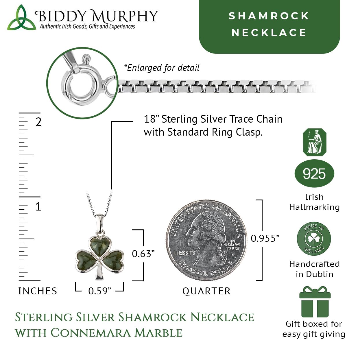 Sterling Silver Shamrock Necklace with Connemara Marble (Three-Leaf Clover Pendant and 18" Chain)