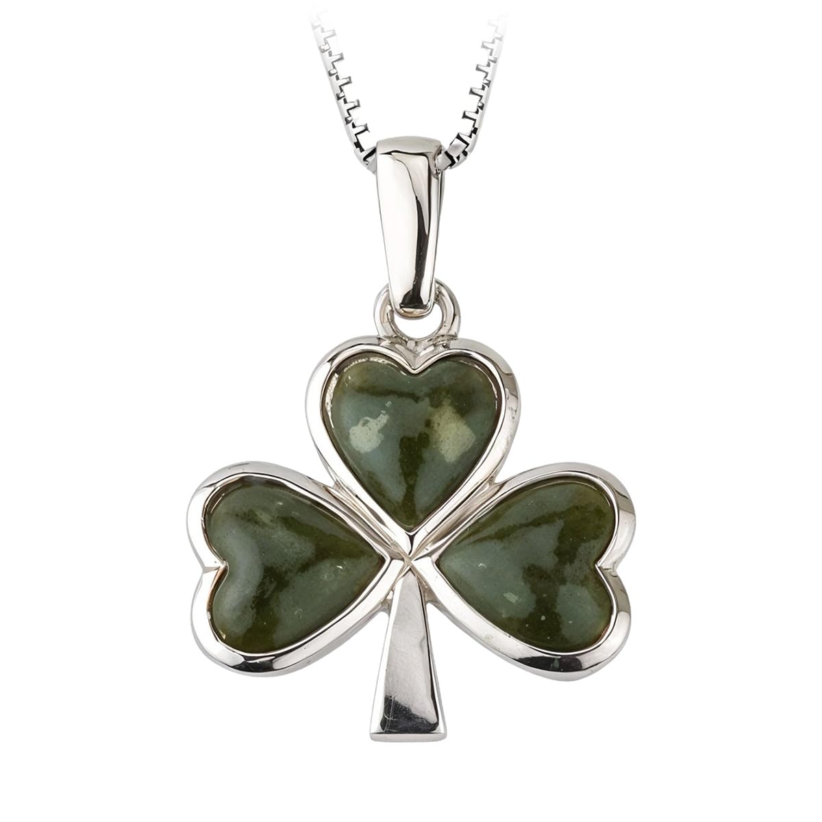 Sterling Silver Shamrock Necklace with Connemara Marble (Three-Leaf Clover Pendant and 18" Chain)