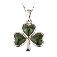 Sterling Silver Shamrock Necklace with Connemara Marble (Three-Leaf Clover Pendant and 18