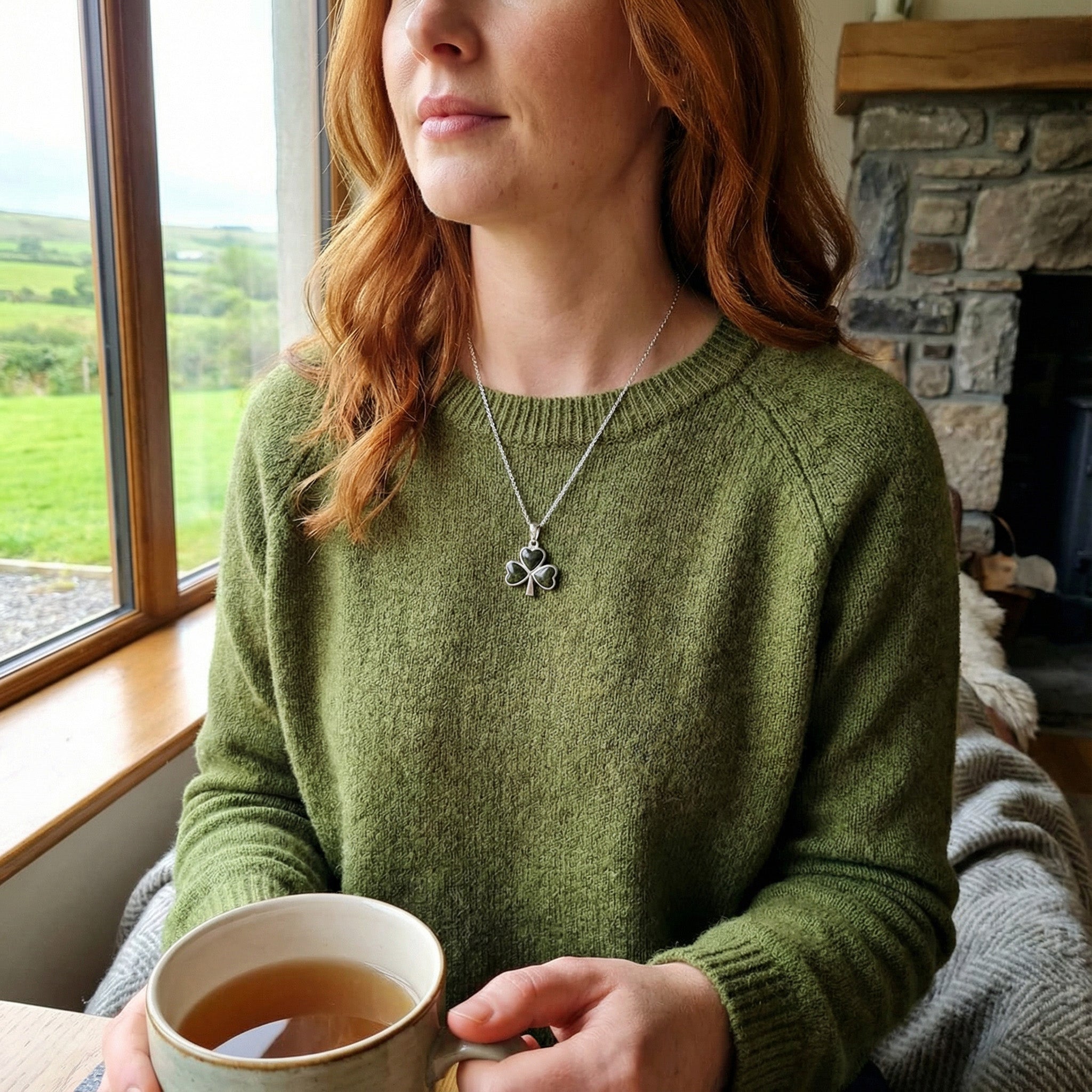 Sterling Silver Shamrock Necklace with Connemara Marble (Three-Leaf Clover Pendant and 18" Chain)