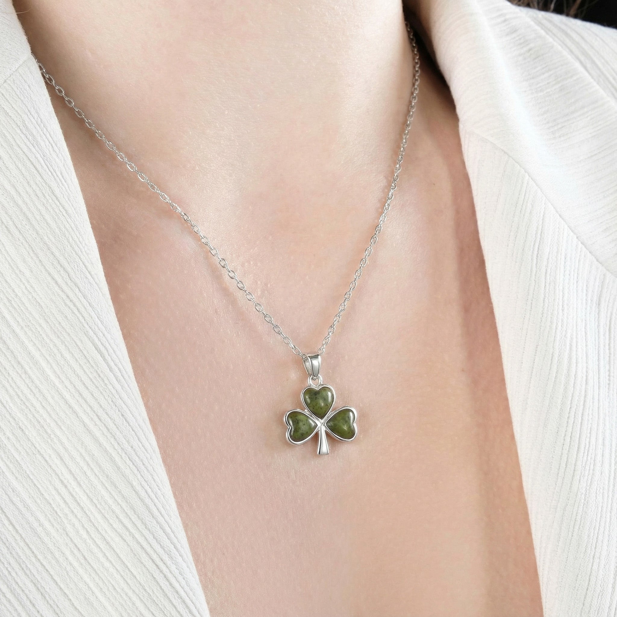 Sterling Silver Shamrock Necklace with Connemara Marble (Three-Leaf Clover Pendant and 18" Chain)