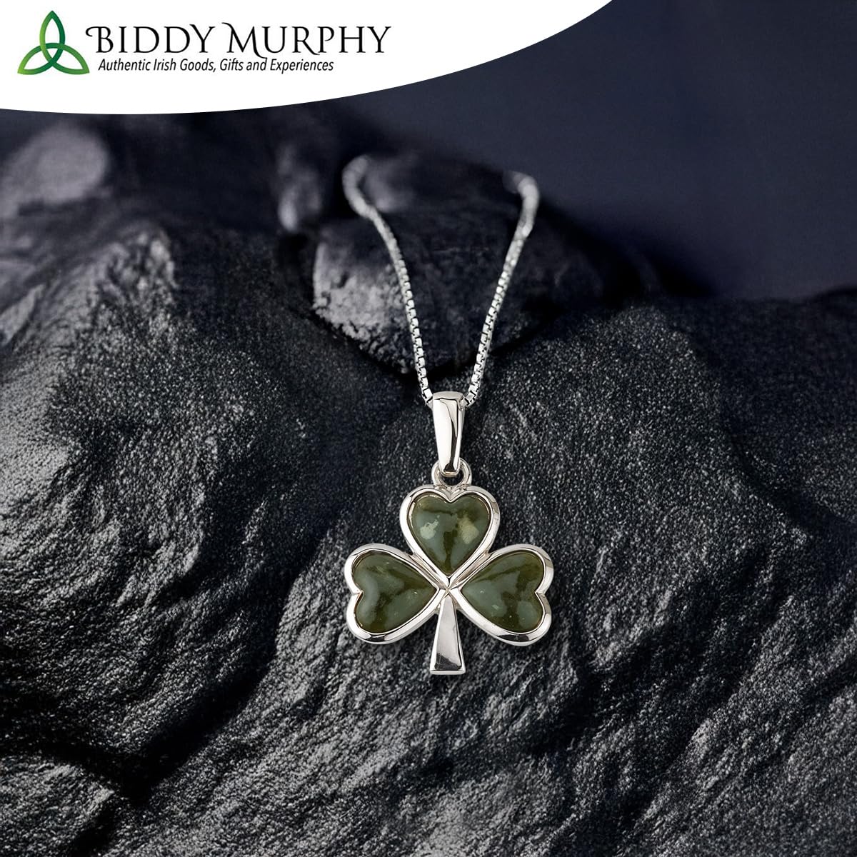Sterling Silver Shamrock Necklace with Connemara Marble (Three-Leaf Clover Pendant and 18" Chain)