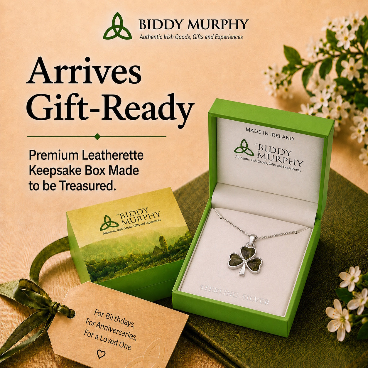 Irish Sterling Silver Connemara Marble Shamrock Necklace (3-Leaf Clover)