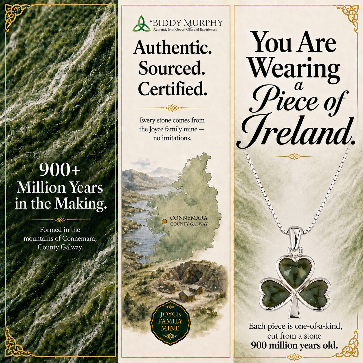 Irish Sterling Silver Connemara Marble Shamrock Necklace (3-Leaf Clover)