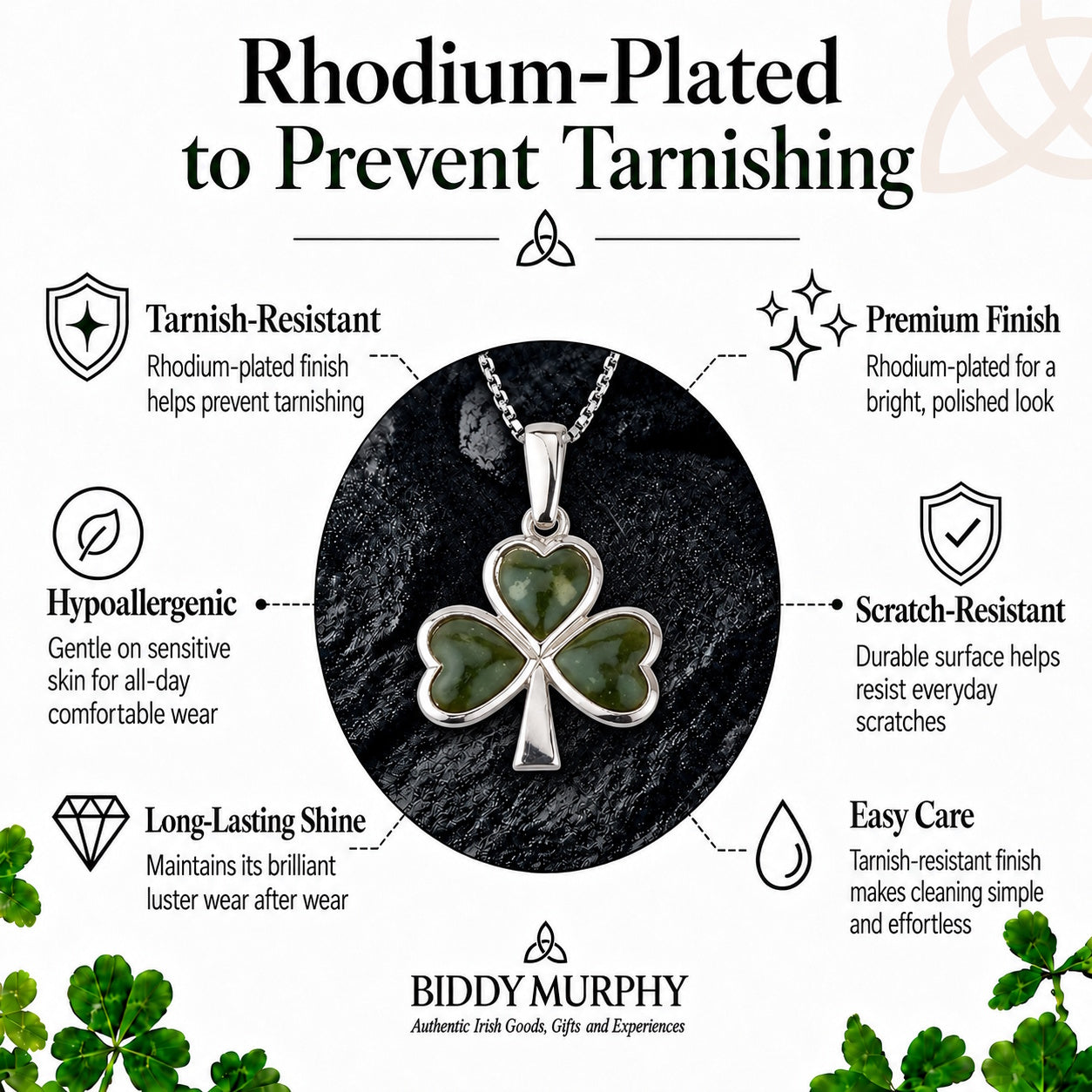 Irish Sterling Silver Connemara Marble Shamrock Necklace (3-Leaf Clover)