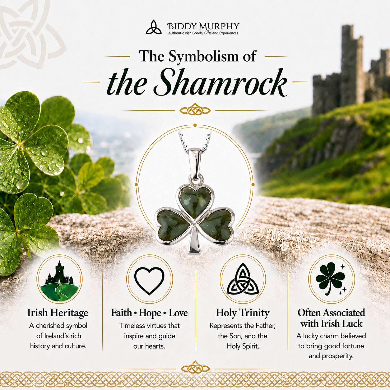 Irish Sterling Silver Connemara Marble Shamrock Necklace (3-Leaf Clover)
