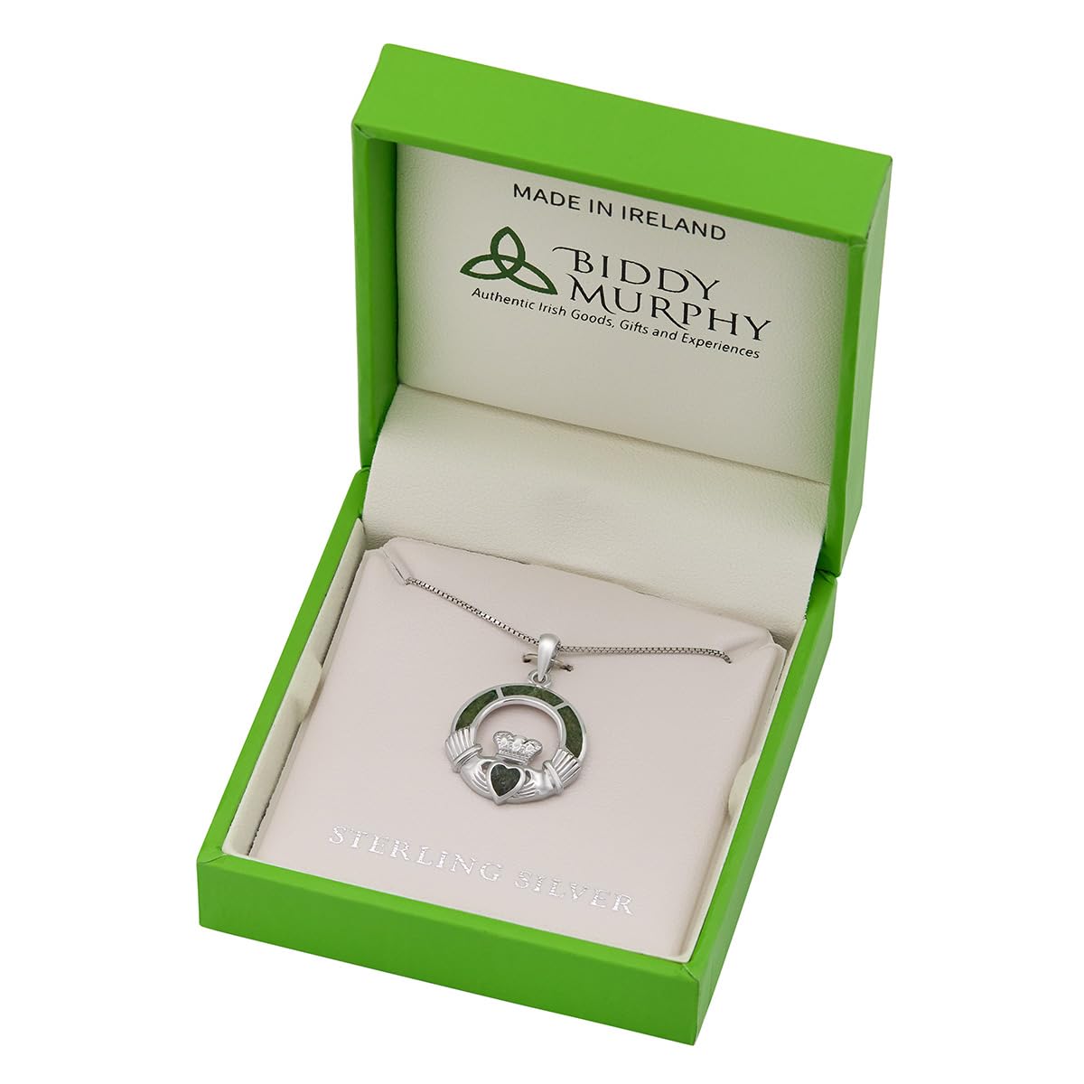 Sterling Silver Irish Claddagh Necklace with Connemara Marble