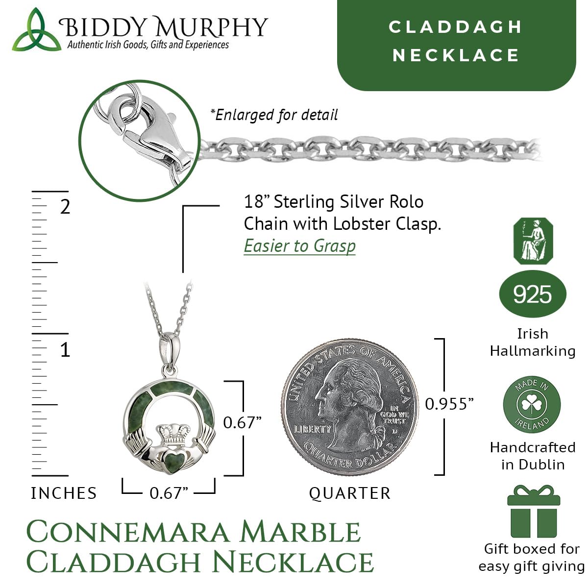 Sterling Silver Irish Claddagh Necklace with Connemara Marble