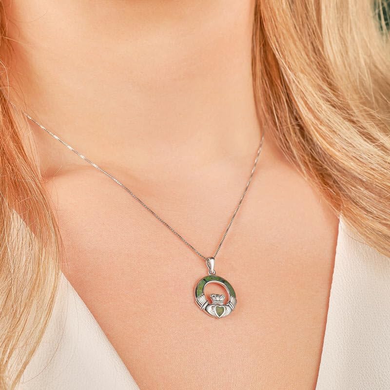 Sterling Silver Irish Claddagh Necklace with Connemara Marble