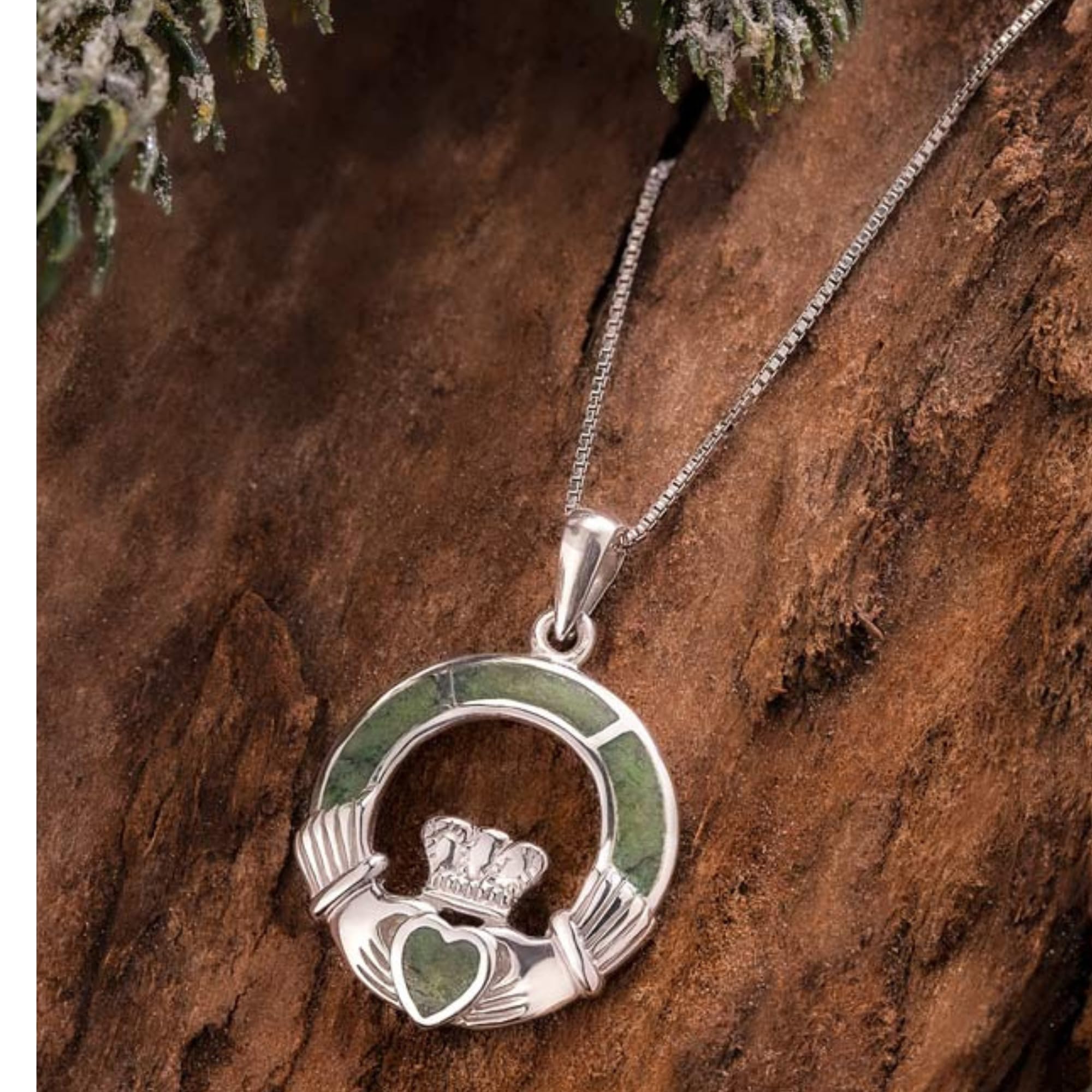 Sterling Silver Irish Claddagh Necklace with Connemara Marble