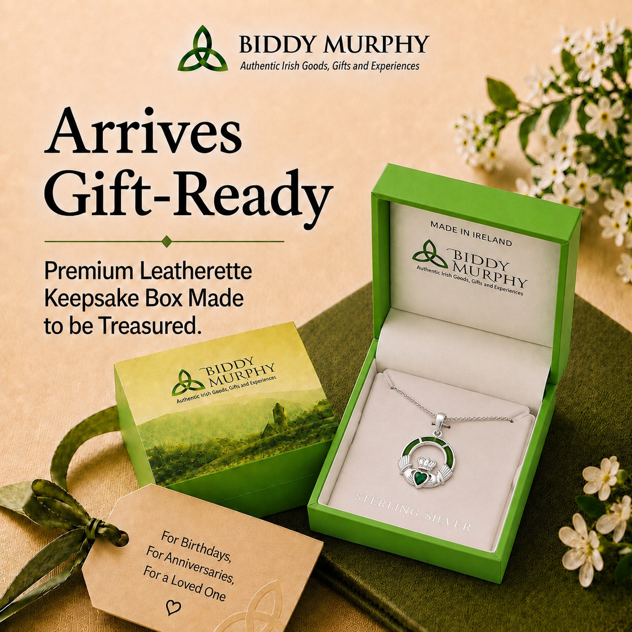 Irish Sterling Silver Connemara Marble Claddagh Necklace for Women