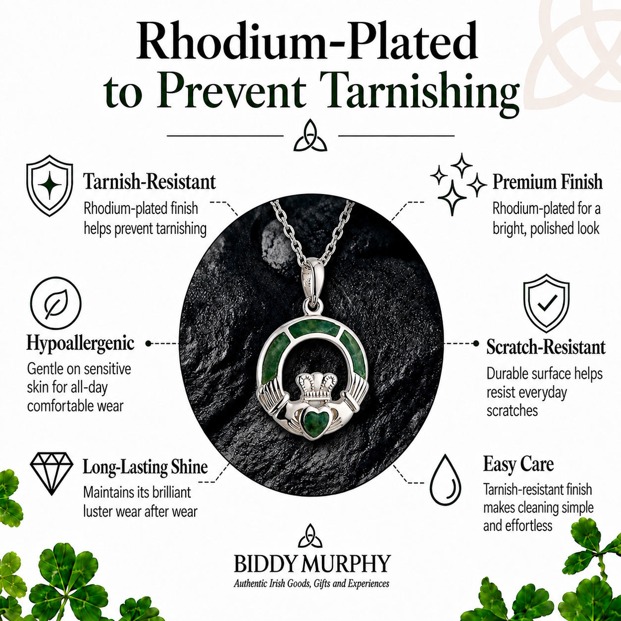 Irish Sterling Silver Connemara Marble Claddagh Necklace for Women
