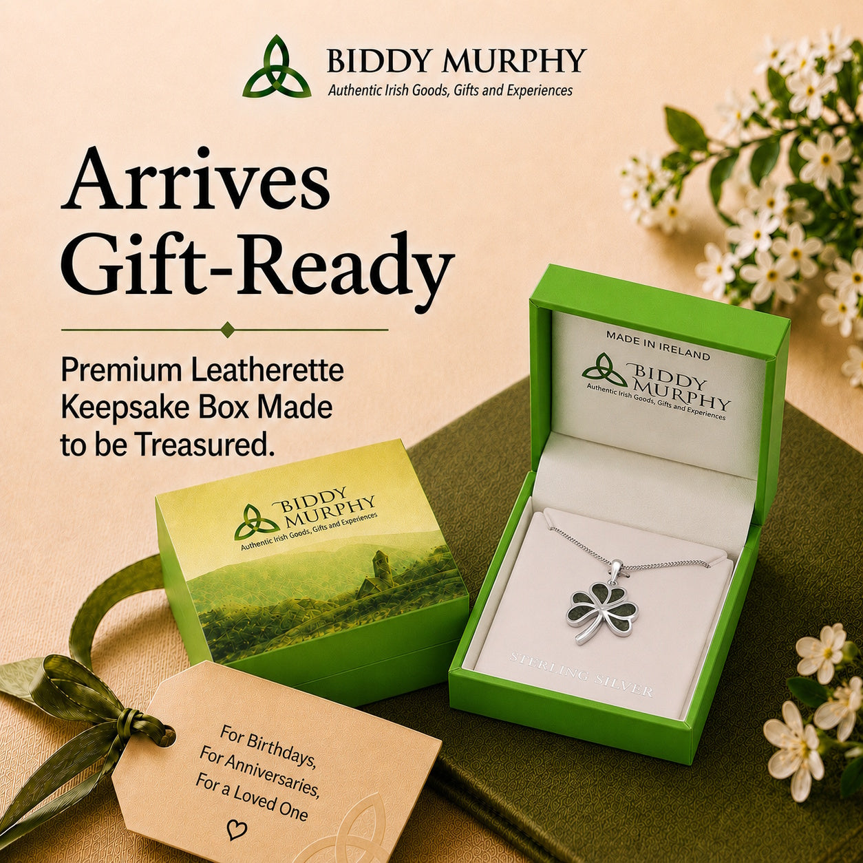 Irish Sterling Silver Connemara Marble Shamrock Necklace for Women