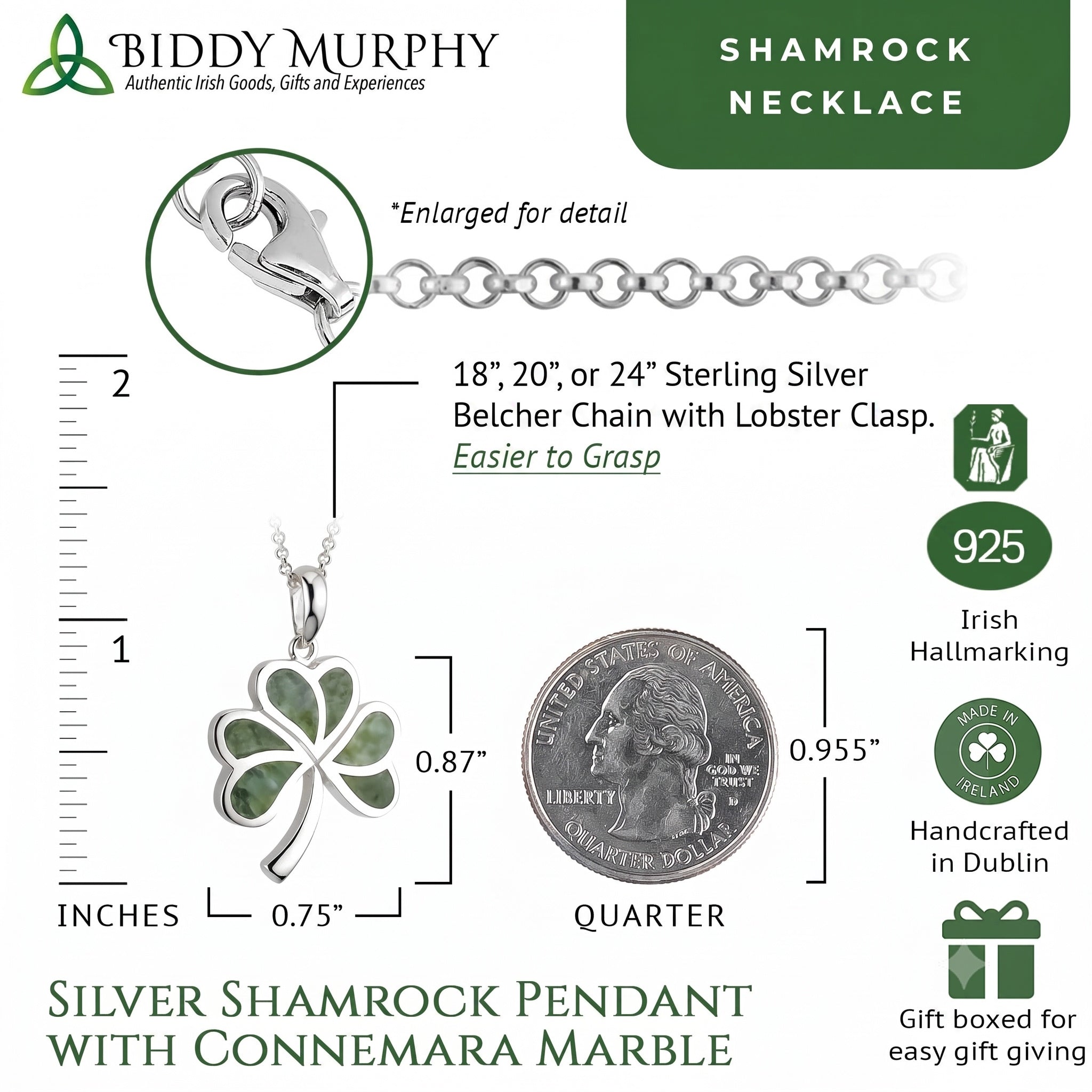 Sterling Silver Shamrock Pendant Necklace with Connemara Marble