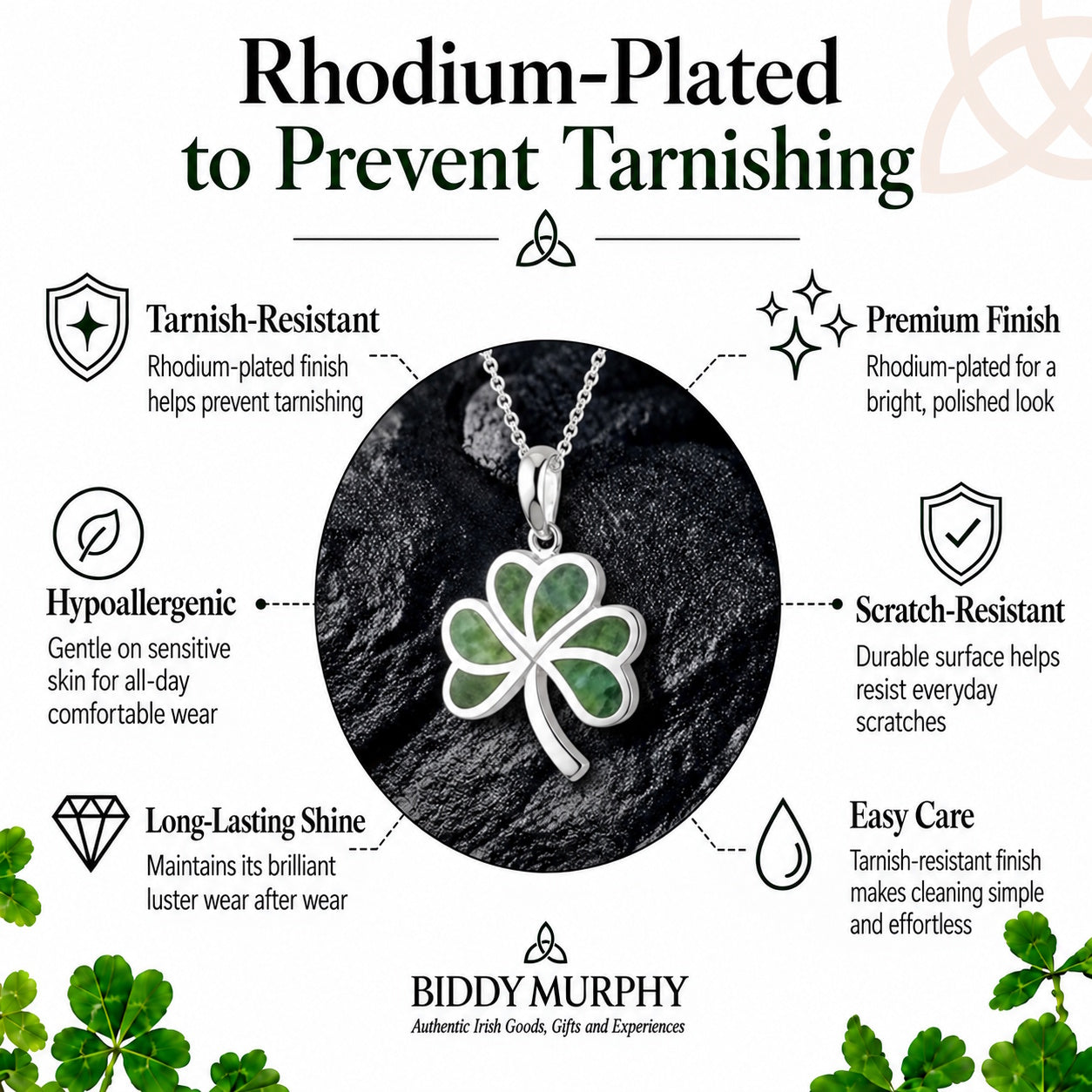 Irish Sterling Silver Connemara Marble Shamrock Necklace for Women
