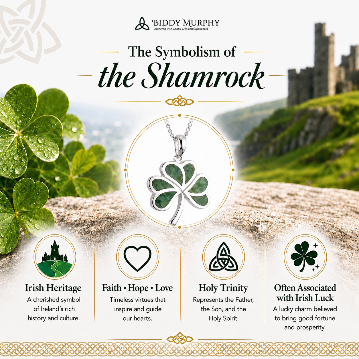 Irish Sterling Silver Connemara Marble Shamrock Necklace for Women